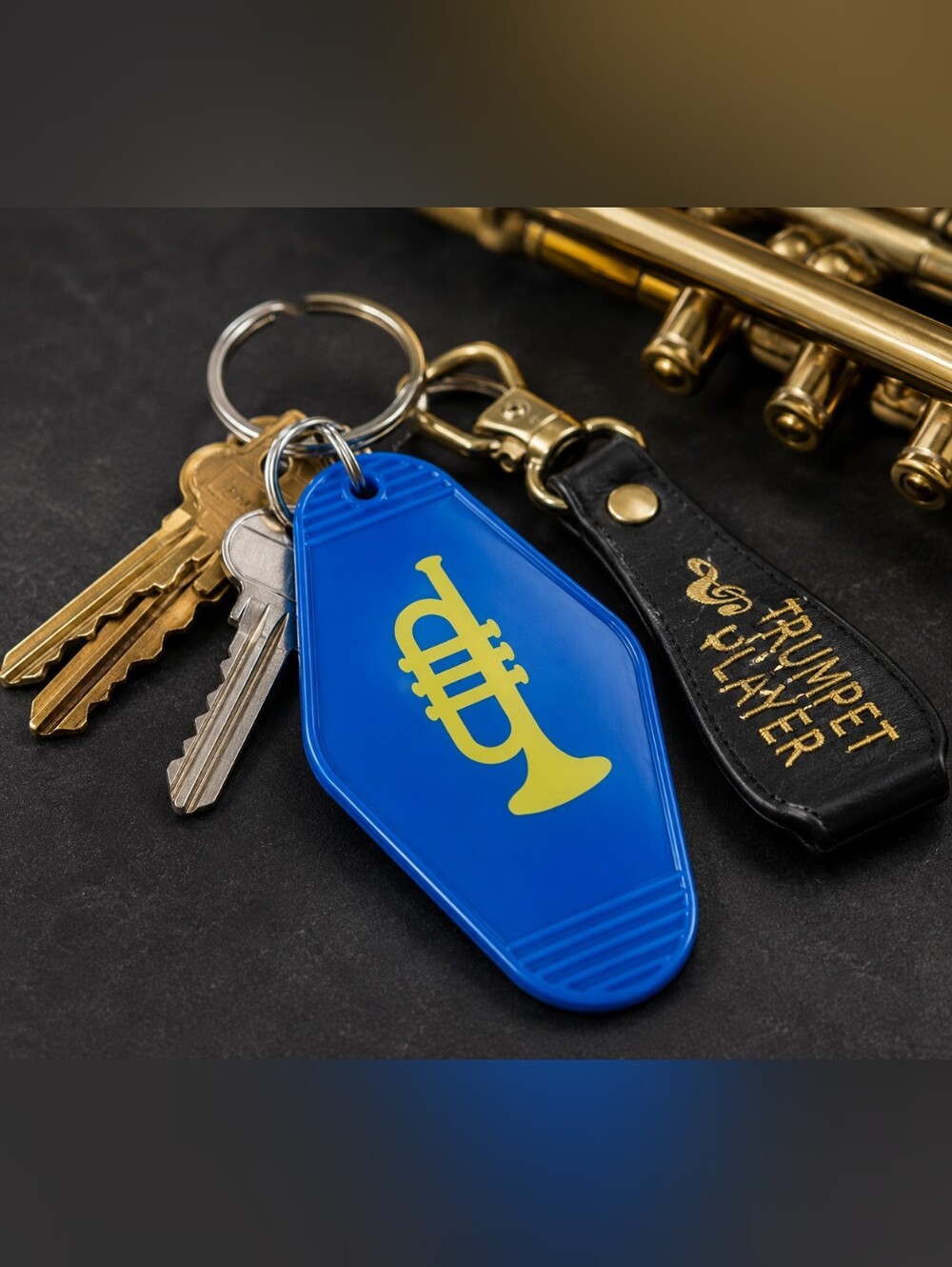 Blue Retro Motel Key Tag Keychain Trumpet